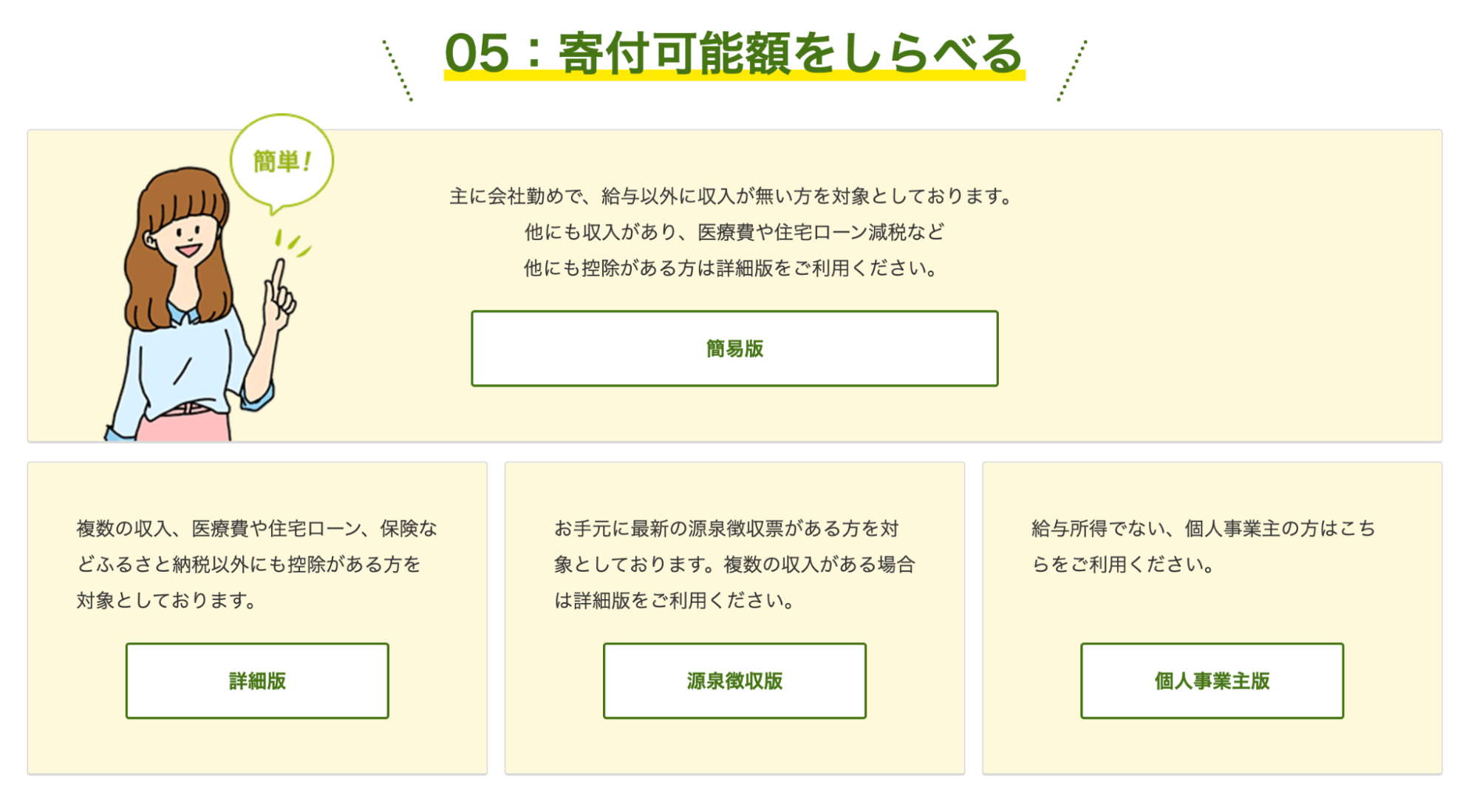 寄付可能額を調べるために、簡易版、詳細版、源泉徴収版、個人事業主版を ご用意しております。