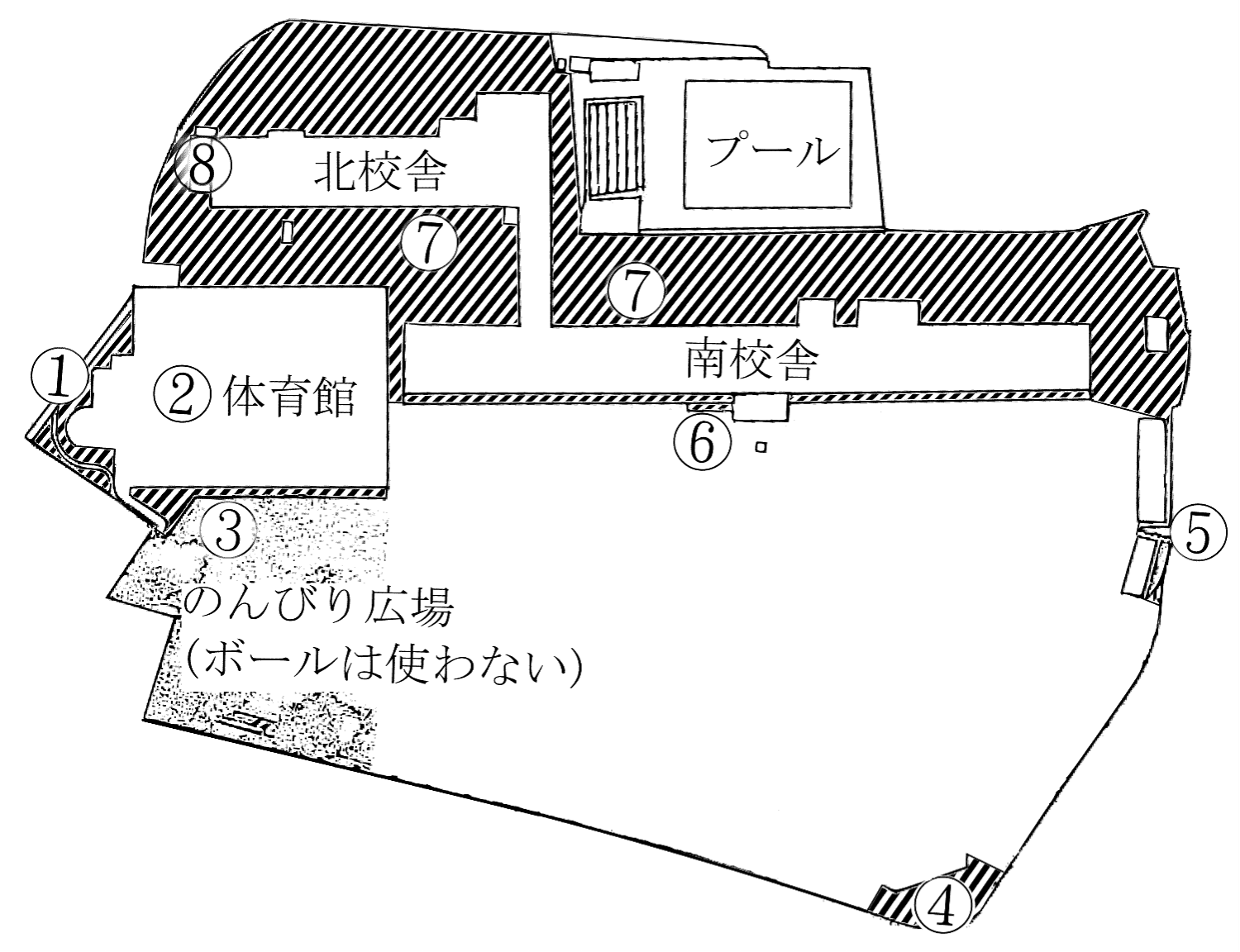 学校の施設と遊んではいけない場所の図
